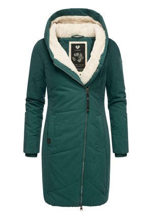 Teal geïsoleerde jas met een grote capuchon, faux fur voering, diagonale gestikte uitstraling, voorkant met rits en zijzakken.