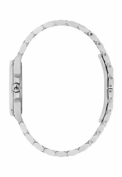 Srebrny stalowy zegarek na stalowej bransolecie z gładką owalną kopertą i mechanizmem zapięcia. Charakteryzuje się minimalistycznym stylem.