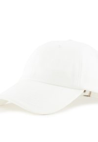 Gorra de béisbol de algodón blanca con visera curvada, diseño de seis paneles y correa ajustable en la parte trasera. Textura suave, estética minimalista.