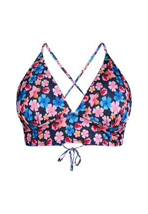 Haut de bikini floral avec un fond bleu foncé. Présente des fleurs roses, bleues et blanches, des bretelles croisées ajustables et un devant à nouer.