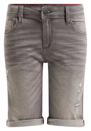 Short en denim gris avec revers roulés, fermeture par bouton, poches avant et détails subtils d'usure sur la jambe droite.