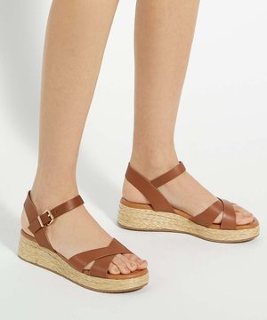 Dune London, LITTLETON Leather Raffia Flatform Sandals - Espadrilles - tan