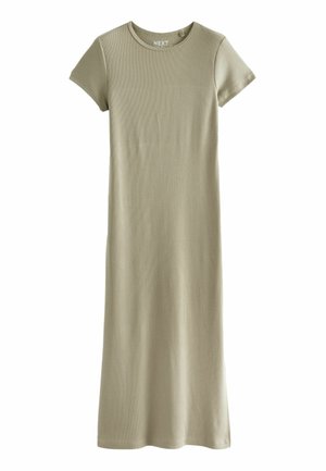 Robe midi en maille côtelée vert olive clair, manches courtes, col rond et silhouette droite.