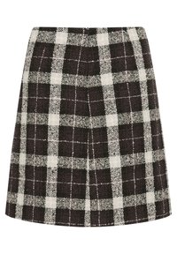 Mustavalkoinen ruudullinen mini-hame, joka on valmistettu tekstuurillisesta kankaasta. Hameessa on suora leikkaus, hienovaraiset ompeleet ja piilotettu takavetoketju.