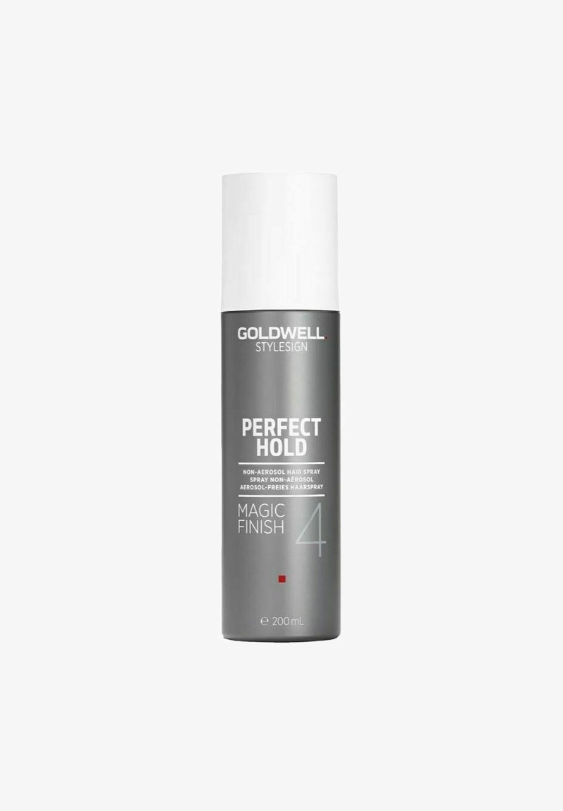 Goldwell Stylesign Haarspray-Flasche ohne Aerosol mit der Aufschrift Perfect Hold Magic Finish, 200 ml, grauer Körper und weißer Deckel.