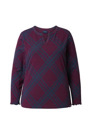 Langsleeve top in donker bordeaux katoen met een v-hals en een blauw diagonale ruitpatroon; heeft rimpelbeleg aan de mouwen en een rechte zoom.