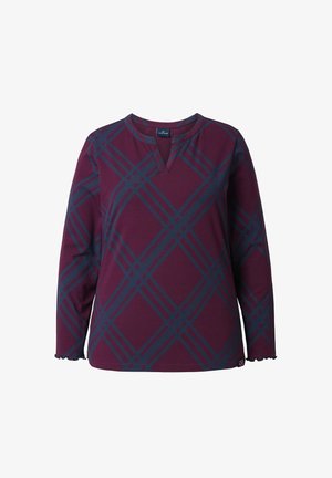 Langärmliges Oberteil aus dunkelburgunderfarbenem Baumwollmaterial mit einem V-Ausschnitt und blauen diagonalen Karomuster; mit Rüschensäumen und geradem Saum.