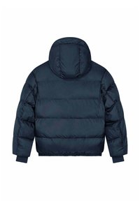 Doudoune marine avec capuche amovible, motif matelassé, poignets et ourlet élastiqués, fabriquée en matière résistante à l'eau.