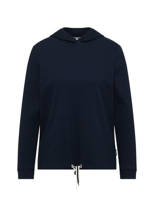 Hoodie à manches longues bleu marine avec cordon de serrage à l'ourlet et poignets côtelés, pr ésenté sur un fond blanc.