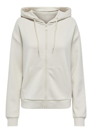 Beige zip-up hettegenser med snor, frontlommer og ribbede mansjetter. Laget av mykt, strukturert materiale. Enkelt design.