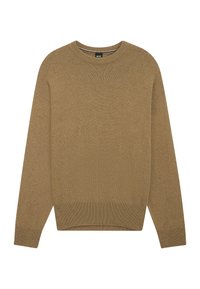 Maglione marrone lavorato a maglia con collo rotondo, vestibilità ampia, spalle scese e polsini e orlo a costine. Tessuto morbido e colore uniforme su tutta la superficie.