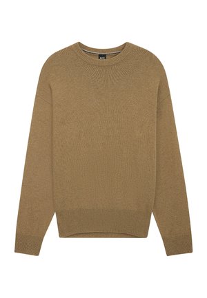 Brązowy sweter z dzianiny z okrągłym dekoltem, luźnym krojem, opuszczonymi ramionami oraz prążkowanymi mankietami i dołem. Miękka tekstura i jednolity kolor na całej powierzchni.