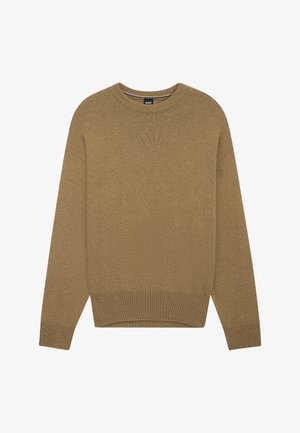 Bruine gebreide trui met een ronde hals, losse pasvorm, verlaagde schouders en geribbelde boorden en zoom. Zachte textuur en gelijkmatige kleur overal.
