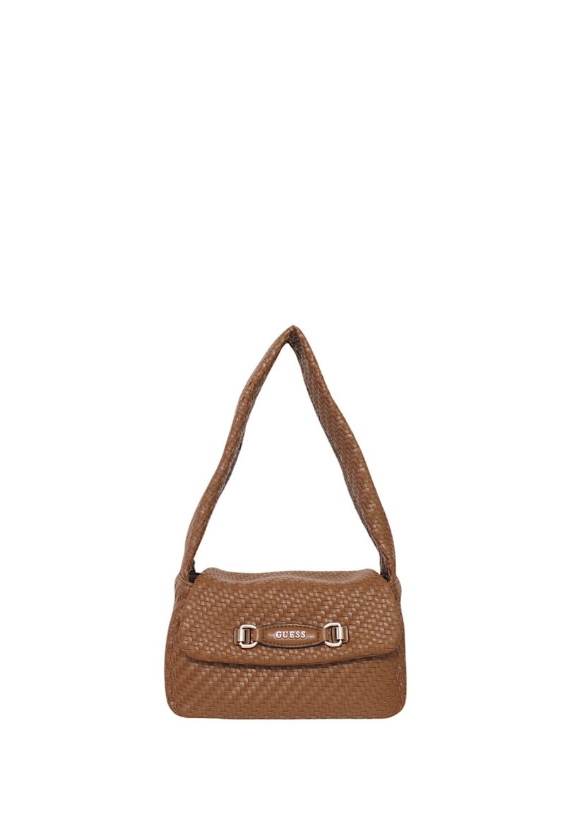 Borsa a tracolla intrecciata marrone con una tracolla incurvata, accessori in tonalità silver e un piccolo logo sul fronte. Texture morbida con una forma compatta e rettangolare.