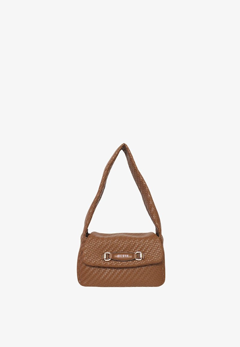 Borsa a tracolla intrecciata marrone con una tracolla incurvata, accessori in tonalità silver e un piccolo logo sul fronte. Texture morbida con una forma compatta e rettangolare.