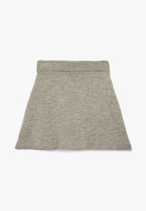 Jupe A-line en tricot gris avec une large ceinture côtelée, présentée à plat sur un fond blanc.