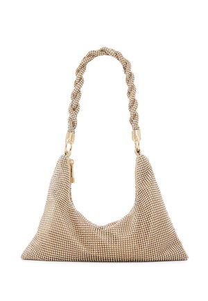 Beigefarbene Handtasche, bedeckt mit kleinen Perlen, mit dreieckiger Form und einem kurzen geflochtenen Perlenhenkel, der mit goldenen Verschlüssen befestigt ist.