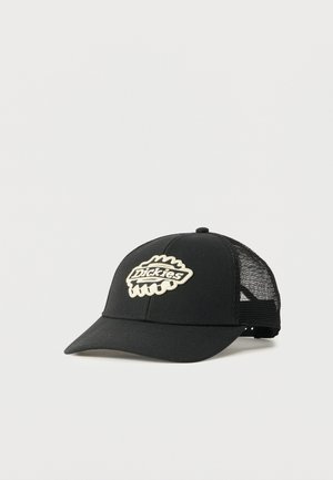 Casquette trucker en mesh noir avec une visière courbée et un écusson logo blanc "Dickies" au centre avant.
