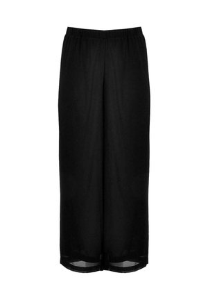 Zwarte cropped broeken, elastische tailleband, lichte stof, recht gesneden ontwerp, geen zichtbare patronen of hardware, gladde textuur.