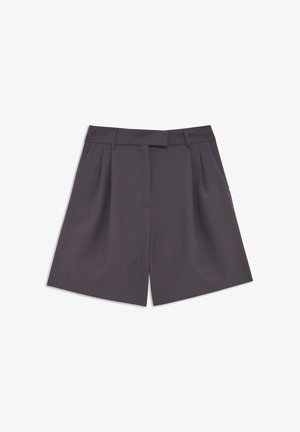 Vysoké, skladané šortky z tmavě šedé látky. Mají poutka na opasek a boční kapsy, s upraveným a strukturovaným střihem.