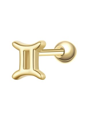 Orecchino a bottone color oro con una barra orizzontale e una parte frontale a forma del simbolo zodiacale dei Gemelli.