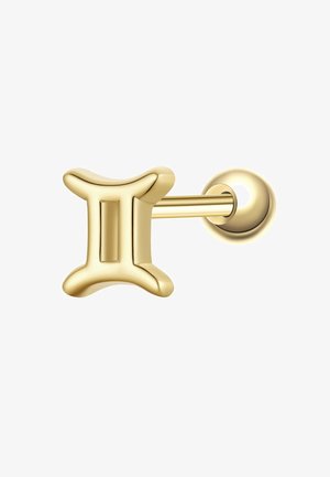Pendiente de botón color oro con una barra horizontal y una pieza frontal con forma del símbolo zodiacal Géminis.