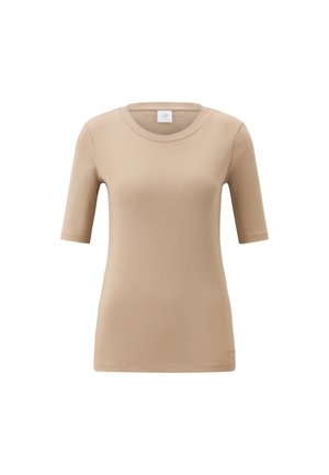 Beige short-sleeve t-shirt made of smooth cotton blend, featuring a round neckline and a fitted silhouette. Minimalist design, no patterns.