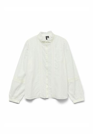 Chemise blanche à manches longues avec un col volanté, fermeture boutonnée à l'avant, tissu texturé et accents en dentelle sur les manches. Coupe décontractée.
