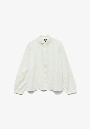 Witte blouse met lange mouwen en een ruches kraag, knoopsluiting aan de voorkant, textuurstof en kanten accenten op de mouwen. Ontspannen pasvorm.