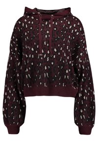 Bordeauxcropped hoodie met een leoppardprint in zwart en crème. Voorzien van een capuchon met trekkoord en ribgebreide boorden en zoom.