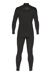 Black wetsuit with long sleeves and legs, made of stretchy material. Features seam detailing and a logo on the back. Smooth texture.