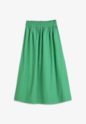 Jupe verte longueur genou avec taille élastique froncée et silhouette trapèze, fabriquée en tissu léger.