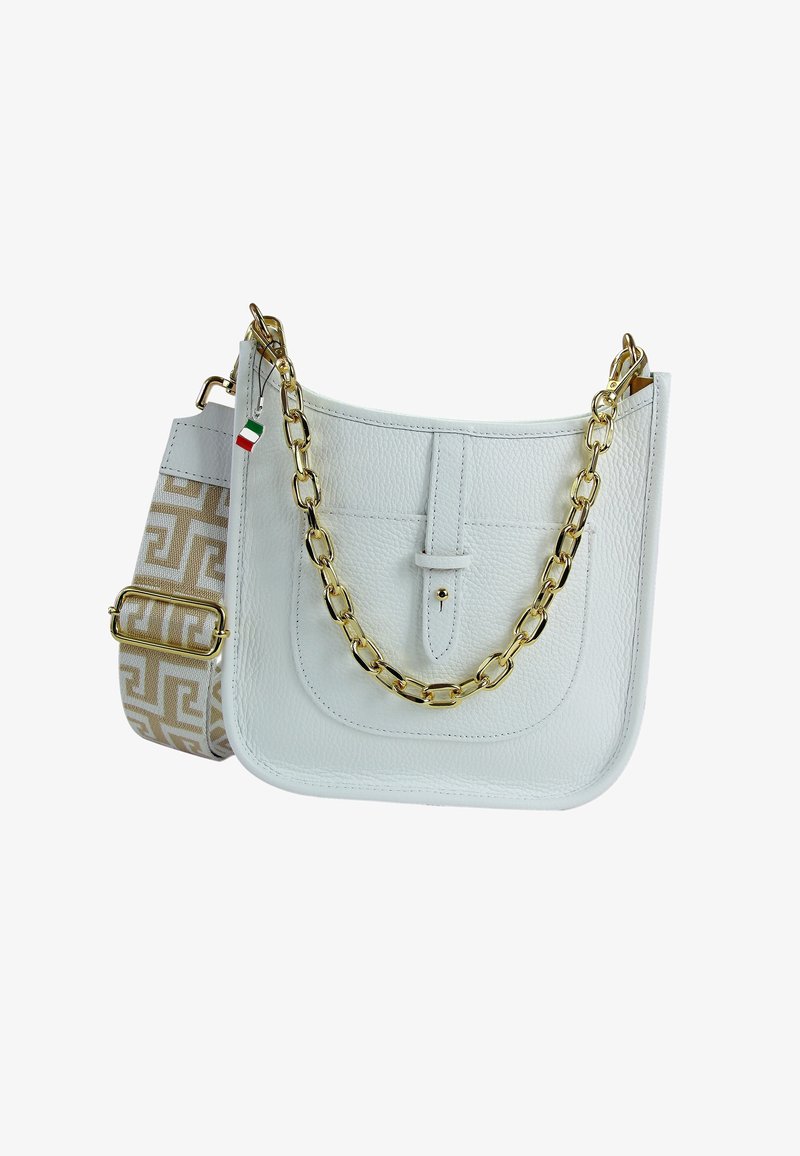 White leather handbag with a textured surface, gold chain handle, and a patterned fabric strap featuring a geometric design in beige.