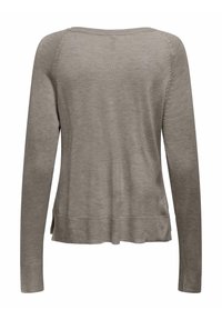 Maglione grigio chiaro lavorato a maglia, maniche lunghe, orlo e polsini a coste, texture liscia, scollatura rotonda e cuciture dettagliate sulle cuciture delle spalle.