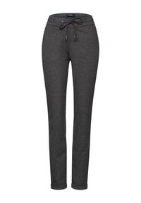 Pantalon de jogging gris en tissu doux et texturé. Comprend une taille élastique avec un cordon de serrage et des chevilles resserrées pour un look ajusté.