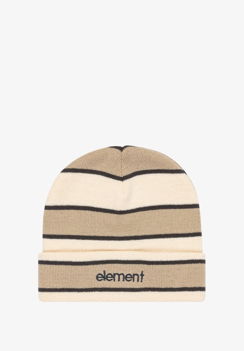 Brązowo-beżowa czapka dzianinowa w paski z podwiniętą mankietą i czarnymi akcentami. Na mankiecie logo "element". Miękka tekstura.