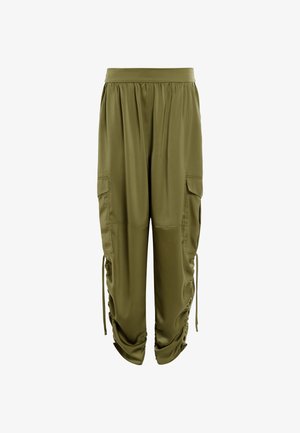 Olive green cargo pants with a relaxed fit, elastic waistband, side pockets, and drawstring detailing at the ankles. Smooth, synthetic fabric.