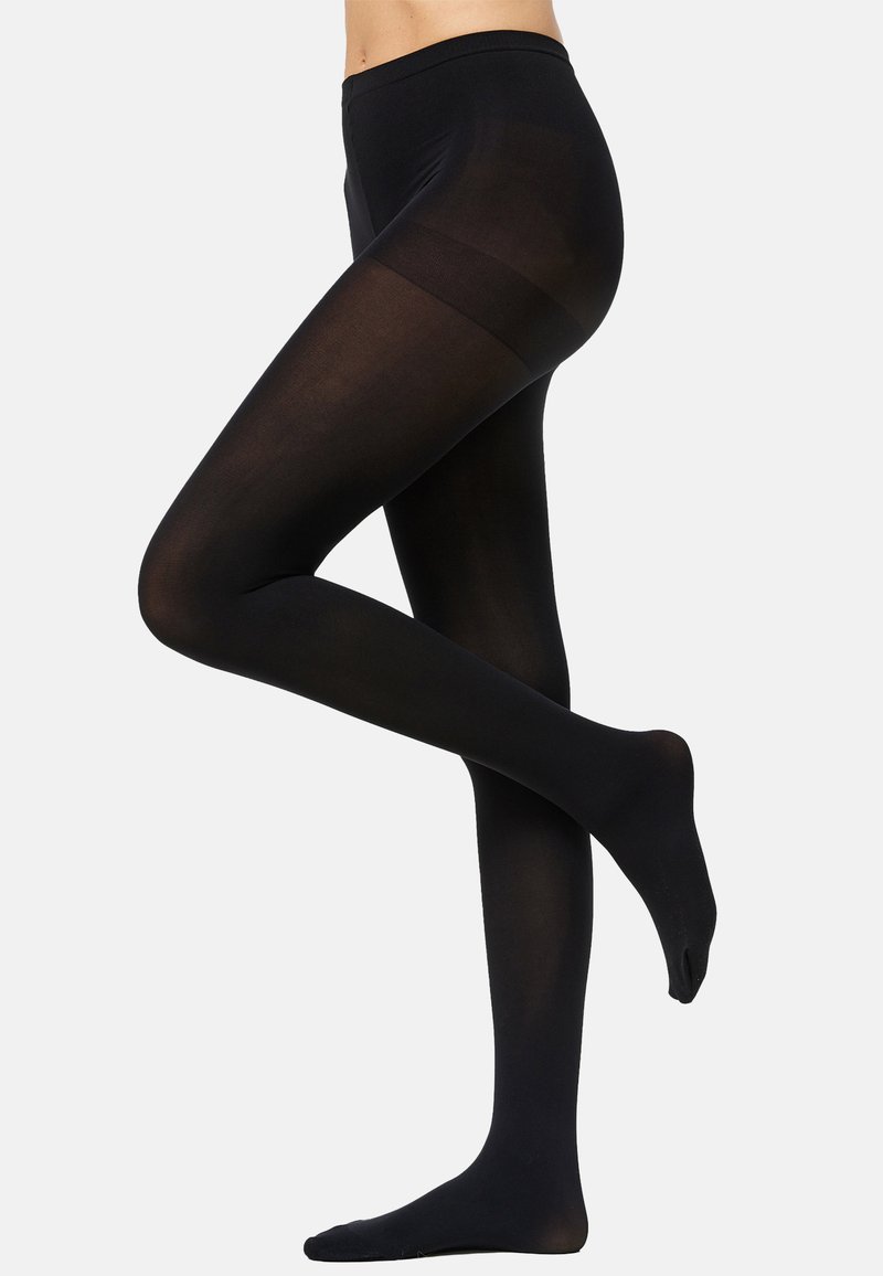 Medias negras con acabado semitransparente, que presentan una textura suave, cinturilla reforzada y diseño sin pies para mayor comodidad y flexibilidad.