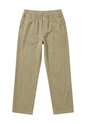 Beige corduroy broek met elastische tailleband en zijzakken, rechte pijpen, zonder zichtbare knopen of ritsen.