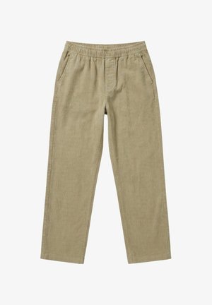 Beige corduroy broek met elastische tailleband en zijzakken, rechte pijpen, zonder zichtbare knopen of ritsen.