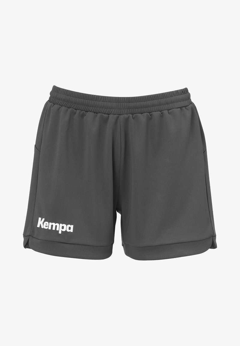 Pantalones cortos deportivos de color gris oscuro, confeccionados en un tejido ligero. Cuentan con una cintura elástica y un logo blanco de "Kempa" en la pierna izquierda.