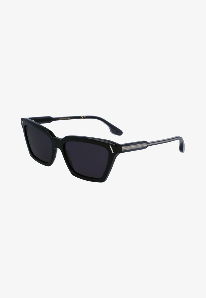 Black rectangular sunglasses with dark lenses, structured frame, and silver mesh accents on the sides.