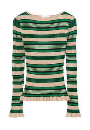 Beige geribbelde gebreide top met lange mouwen, groene en zwarte horizontale strepen en ruches aan de manchetten en zoom.