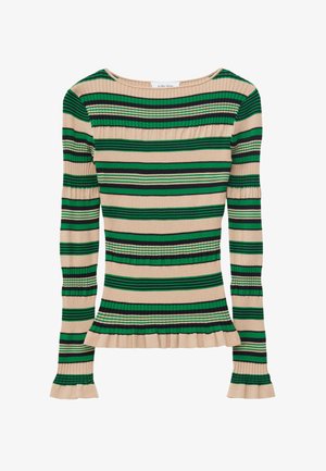 Beige geribbelde gebreide top met lange mouwen, groene en zwarte horizontale strepen en ruches aan de manchetten en zoom.
