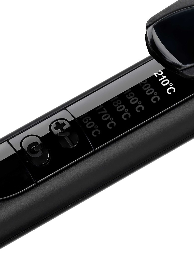 Gros plan sur le panneau de contrôle d'un lisseur à cheveux noir affichant les réglages de température de 160 °C à 210 °C avec des boutons plus et moins.