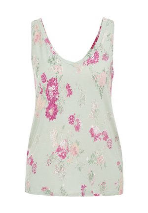 Floral-Top in Hellgrün mit pinken und weißen Blumen. V-Ausschnitt-Design, glatte Textur, ärmellos mit geradem Saum.
