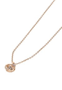 Rózsaarany nyaklánc finom lánccal; díszes medállal rendelkezik, amely kör alakú formában több kis áttetsző kristályt tartalmaz.