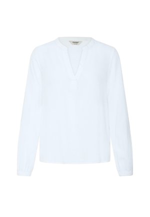 Blouse blanche à manches longues avec col en V échancré, poignets élastiques et coupe ample, présentée sur un fond blanc uni.