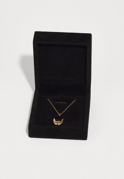 Guldhalskæde med en buet vedhæng i en sort fløjl smykkeboks, der har en reflektiv overflade og et delikat kædedesign.