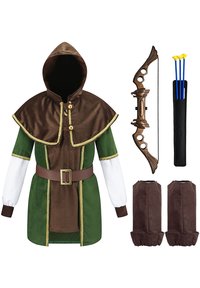 Costume set includes a green and brown tunic with a hood, gold trim, a brown belt, a bow, arrow set, and brown arm guards.